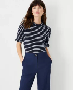 Striped Ruffle Neck Elbow Sleeve Top