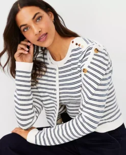 Striped Shoulder Button Sweater Tee -ChicMeadow Shop 603477 9192 ALT2