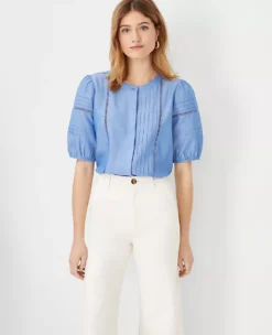 Chambray Pintucked Cutout Top
