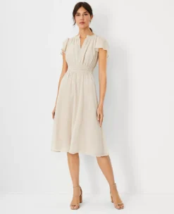 Metallic Stripe Flutter Sleeve Flare Dress