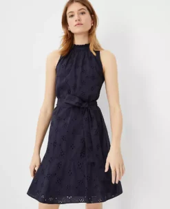 Eyelet Mock Neck Belted Flare Dress -ChicMeadow Shop 604514 1362 ALT2