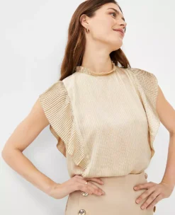 Metallic Stripe Plisse Ruffle Top