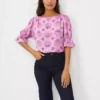 Tile Print Mixed Media Puff Sleeve Ruffle Top