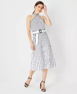 Striped Crossover Halter Sweater Dress