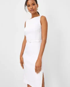 The Belted Boatneck Sheath Dress In Herringbone Linen Blend -ChicMeadow Shop 608816 9000 ALT2