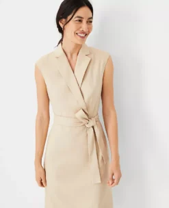 The Notched Collar Tie Waist Dress In Herringbone Linen Blend -ChicMeadow Shop 608820 7879 ALT2