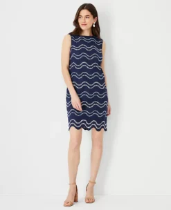 Wave Embroidered Scalloped Shift Dress