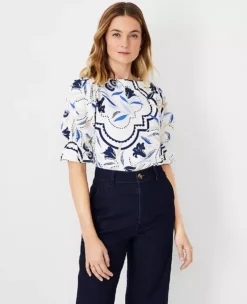 Tile Print Mixed Media Ruffle Puff Sleeve Top