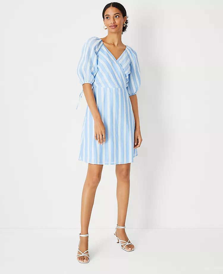 Striped Puff Sleeve Wrap Dress 1 Striped Puff Sleeve Wrap Dress