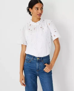 Floral Cutout Lace Ruffle Mock Neck Top