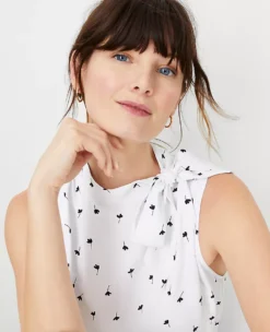 Floral Asymmetrical Tie Neck Mixed Media Shell