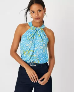 Tile Print Mixed Media Draped Halter Top