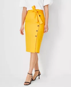 Linen Blend Button Wrap Pencil Skirt